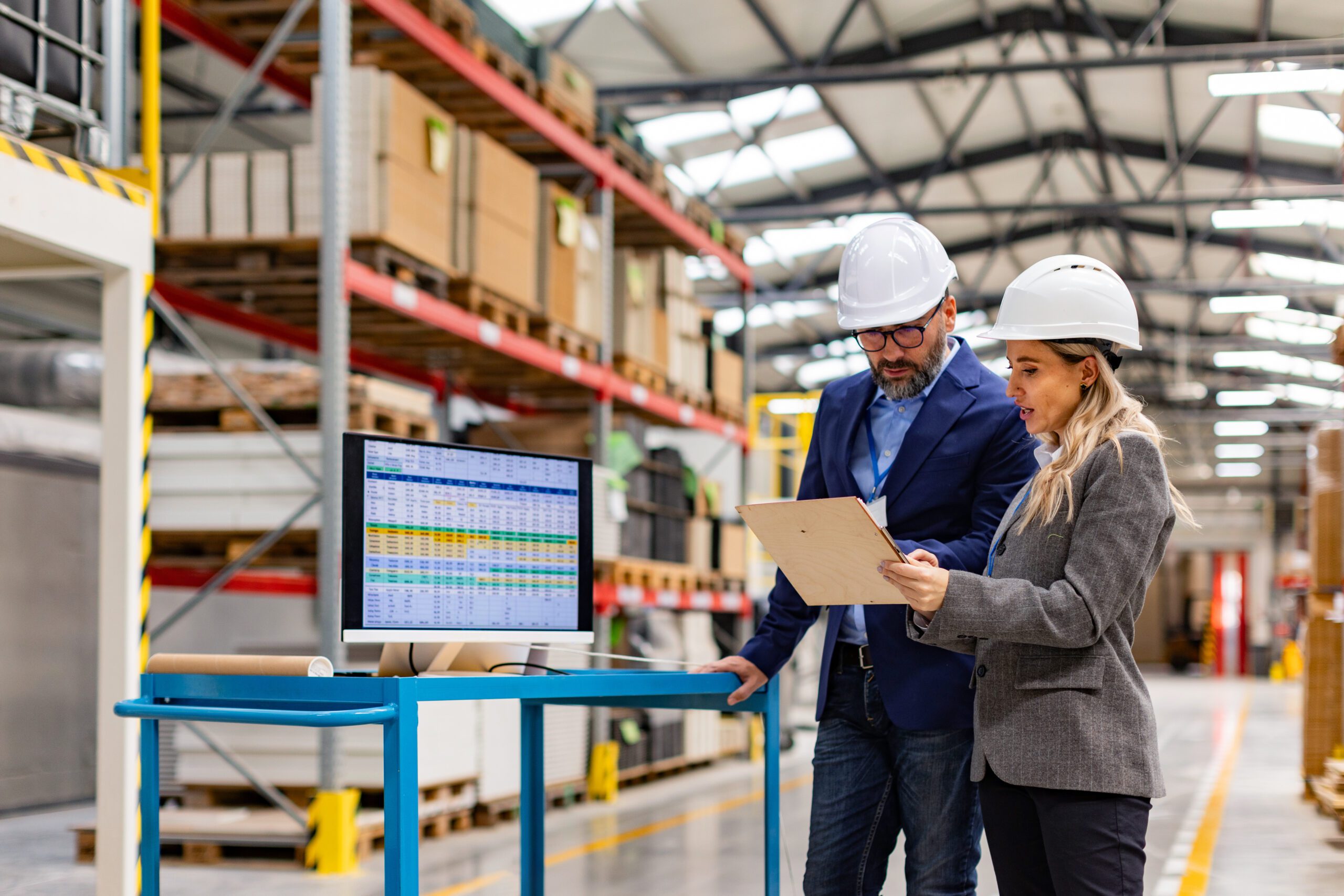 Female engineer and male project manager standing in modern industrial factory by computer talking about production Team management in manufacturing facility Female engineer and male project manager standing in modern industrial factory by computer talking about production Team management in manufacturing facility